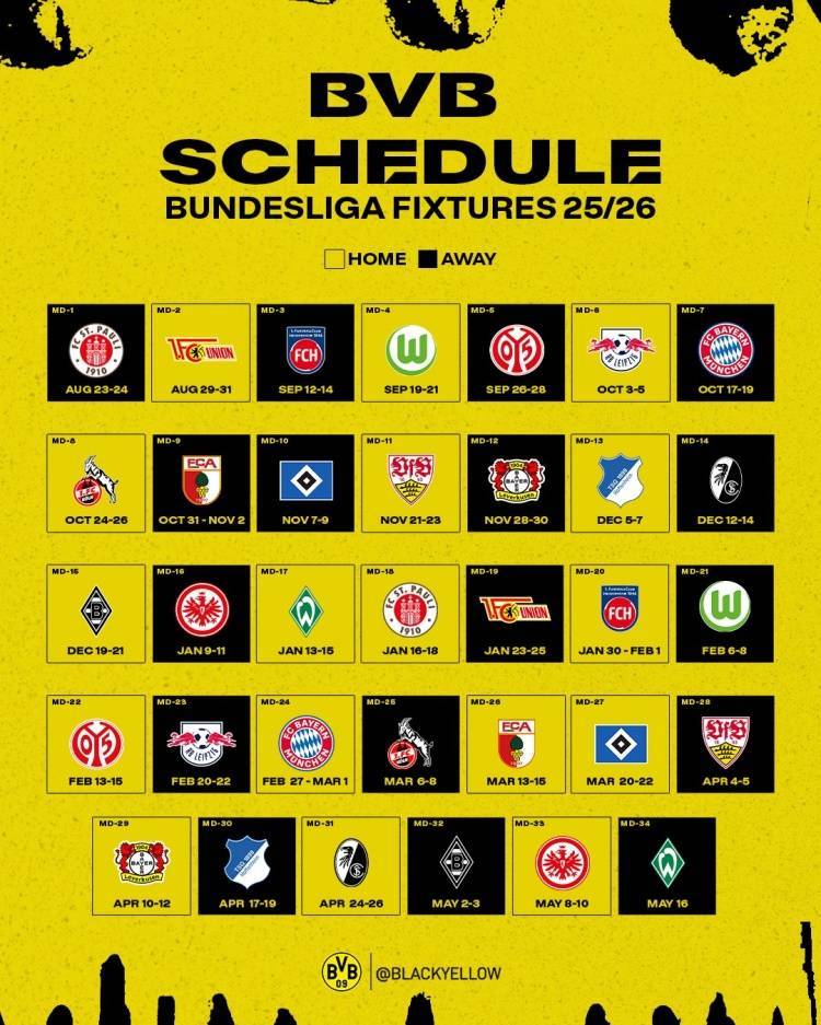 多特新赛季德甲赛程：首轮客战圣保利，10月中旬对阵拜仁